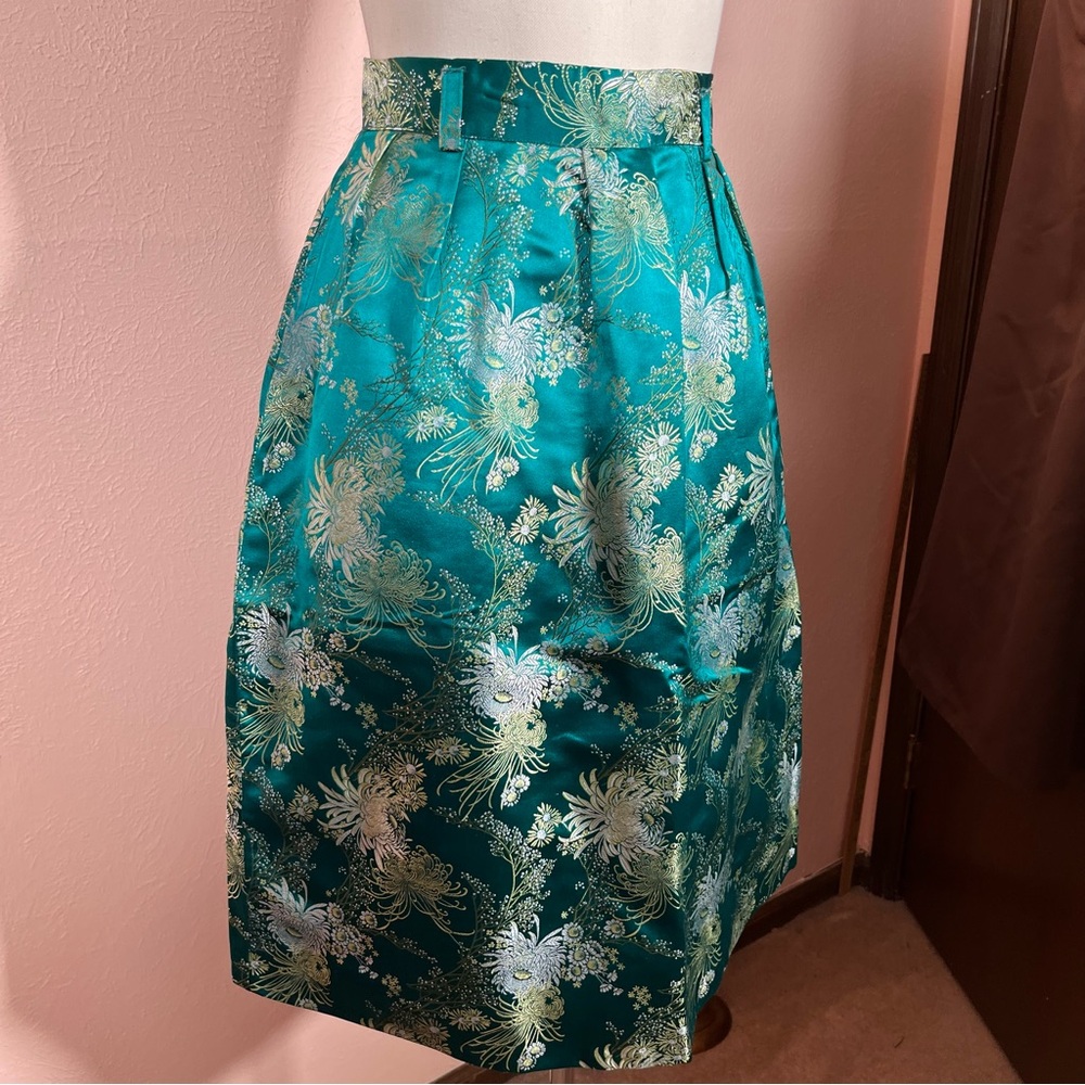 Vintage MCM Teal and Golf Floral A-Line Midi Skirt